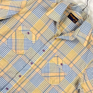 VTG 70s Sears Thumbs Up Camp Shirt Mens L Yellow Blue Plaid Classic Preppy Retro